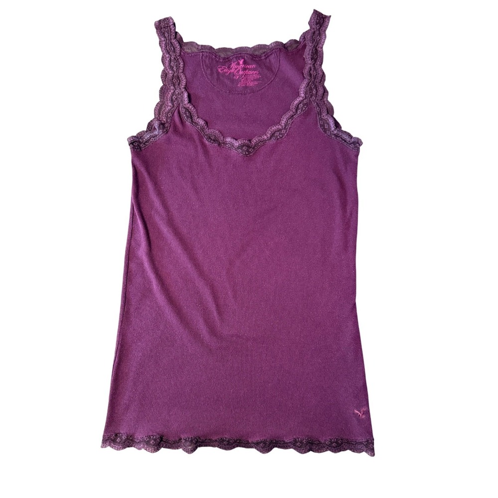 American Eagle Outfitters Lace Trim Ribbed Tank Top Womens L Purple Y2K Style